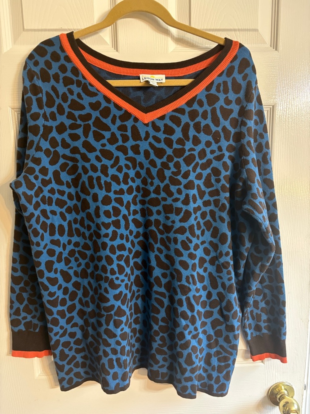 Lemon Blue and Black Leopard-Print V-Neck Sweater with Orange & Black Trim